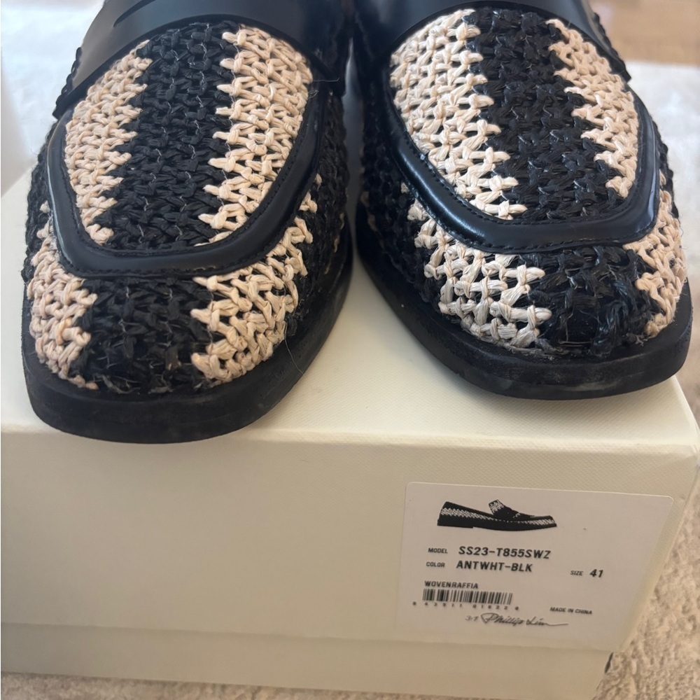 3.1 PHILLIP LIM Alexa leather-trimmed two-tone raffia loafers Size 11 - Picture 8 of 15